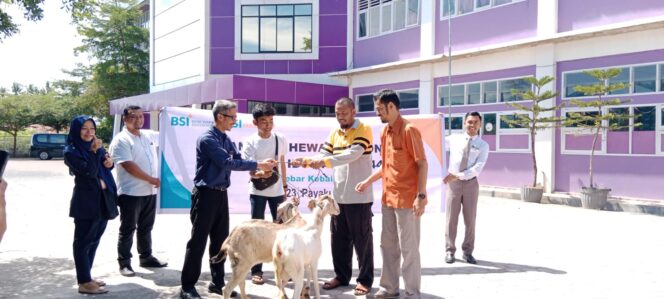 
 Penyerahan kambing kurban BSI KCP Payakumbuh di KL Lazismu Madani yang diterima oleh Pembina Lazismu Madani Sepriyanto Chaniago. (Dok.Istimewa)